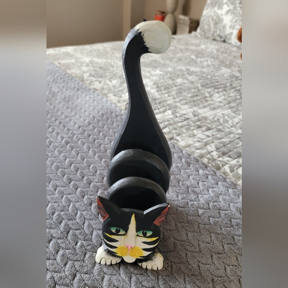 Wood Carved Black and White Cat Mail Sorter